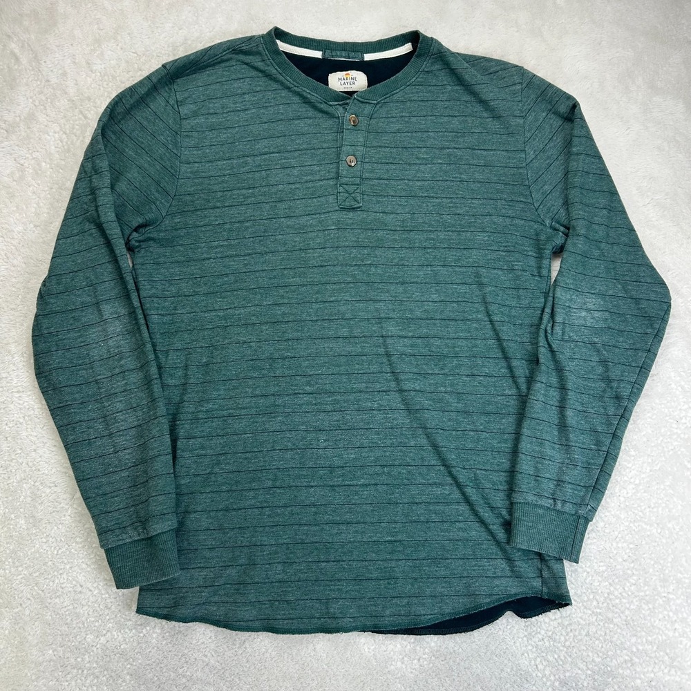 Marine Layer Henley Shirt Mens M Dark Green Striped Double Knit Long Sleeve